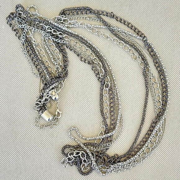 Multi Strand Chain Necklace Long Length Black Gray Silver Tone Adjustable Length - Picture 3 of 3
